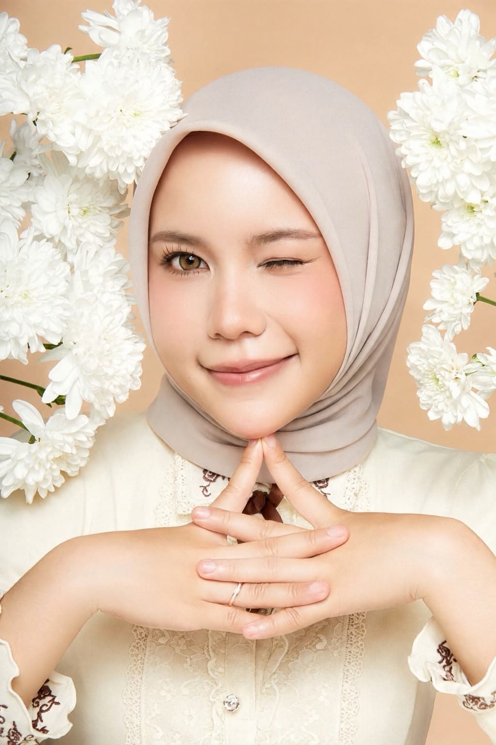Icha smiling among white flowers