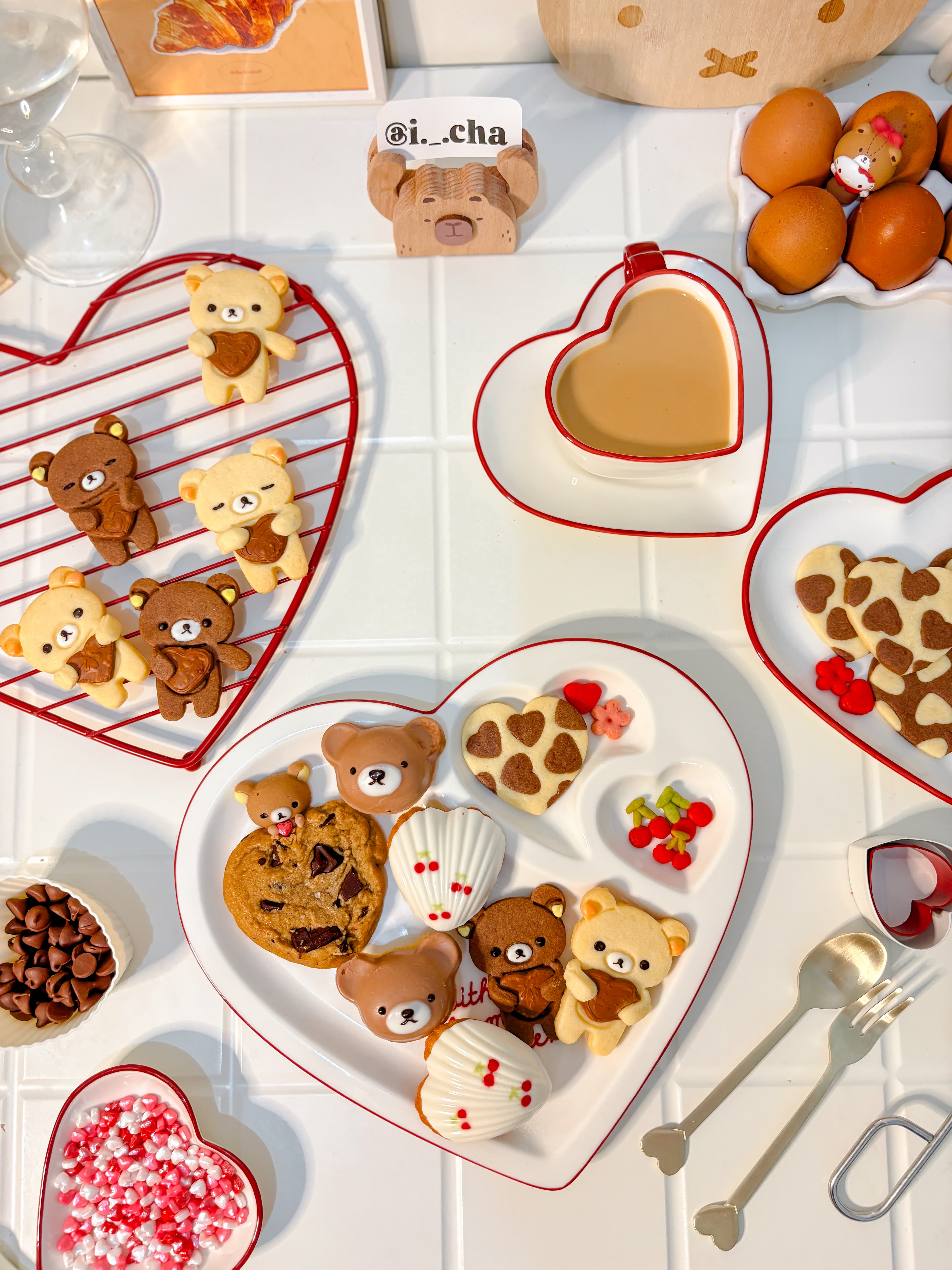 Icha’s Rilakkuma cookies arranged with heart-shaped plates